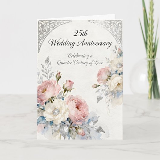 Carte Fleurs roses et blanches 25e anniversaire de maria (Devant)