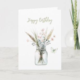 Carte Fleurs roses et bleues dans un bocal Papillon Anni