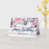 Carte Fleurs roses et marines | Stripes Joyeux anniversa (Fleur jaune)
