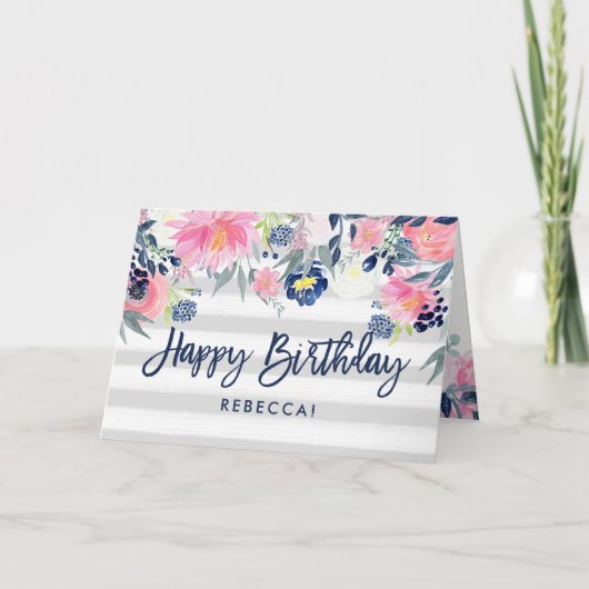 Carte Fleurs roses et marines | Stripes Joyeux anniversa (Devant)