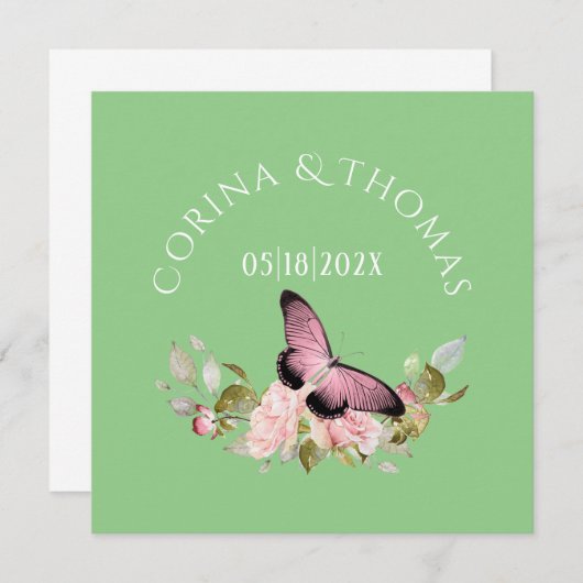 Carte Fleurs roses et papillon sur Mariage vert (Devant / Derrière)