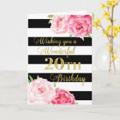 Carte Fleurs roses et rayures noires Joyeux 20e annivers (Fleur jaune)