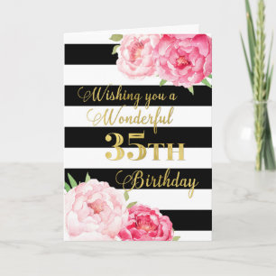 Carte Fleurs roses et rayures noires Joyeux 35e annivers
