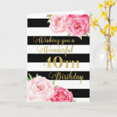 Carte Fleurs roses et rayures noires Joyeux 40e annivers (Fleur jaune)