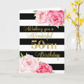Carte Fleurs roses et rayures noires Joyeux 50e annivers (Fleur jaune)