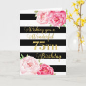 Carte Fleurs roses et rayures noires Joyeux 75e annivers (Fleur jaune)