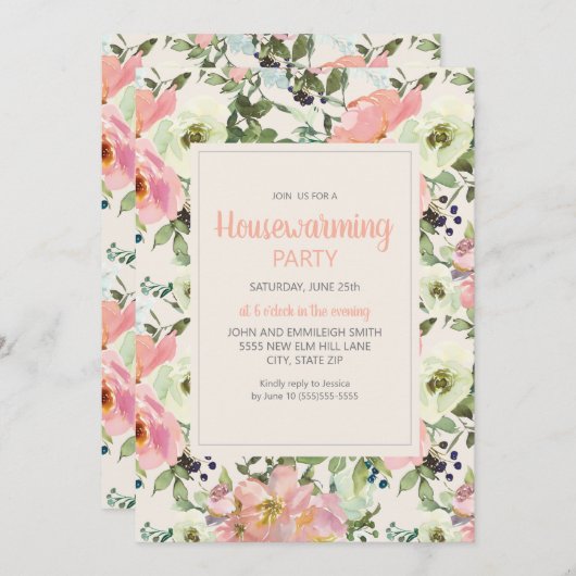 Carte Fleurs Roses Fluides Crème Sage Vert Ménage (Devant / Derrière)