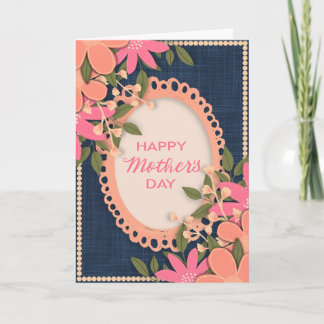 Carte Fleurs roses "Joyeuse fête des Mères" sur fond mar