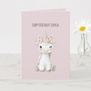 Carte Fleurs roses licorne anniversaire