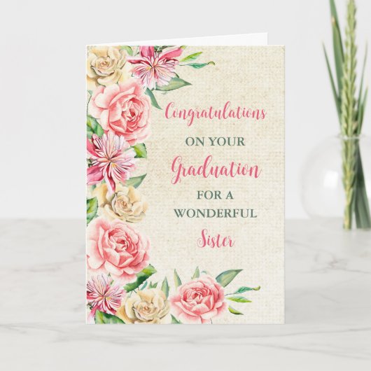 Carte Fleurs roses Soeur Félicitations Diplôme (Devant)