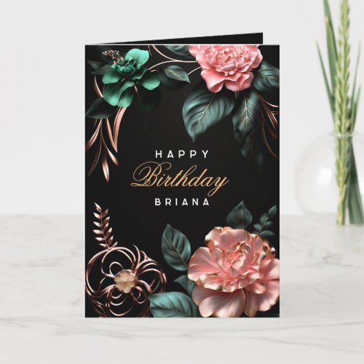 Carte Fleurs roses vert feuille éléments dorés anniversa (Devant)