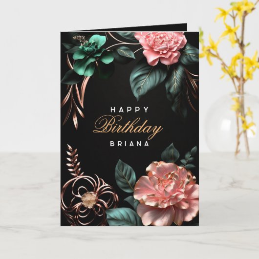 Carte Fleurs roses vert feuille éléments dorés anniversa (Fleur jaune)