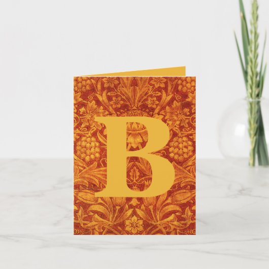Carte Fleurs rouge et jaune doré Wm Morris avec initiale (Devant)