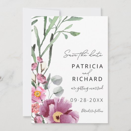 Carte Fleurs sauvages d'aquarelle mariage Enregistrer la (Devant)