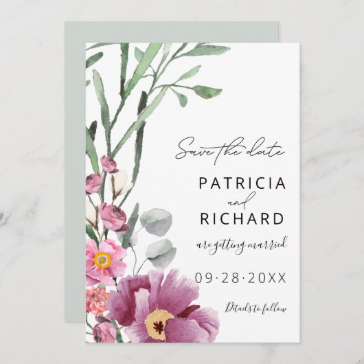 Carte Fleurs sauvages d'aquarelle mariage Enregistrer la (Devant / Derrière)