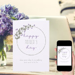 Carte Fleurs sauvages pourpres Simple Joyeuse fête des m<br><div class="desc">Bonne carte de fête des mères avec une simple couronne de fleurs sauvages violets et une typographie douce. Dainty et design simple avec une palette de couleurs douces de violet lilas et vert. Vous avez la possibilité de modifier le message d'accueil sur le devant et l'intérieur est vide pour vous...</div>