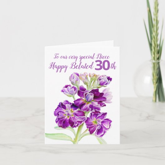 Carte Fleurs stocks violet nièce tardive 30e anniversair (Devant)