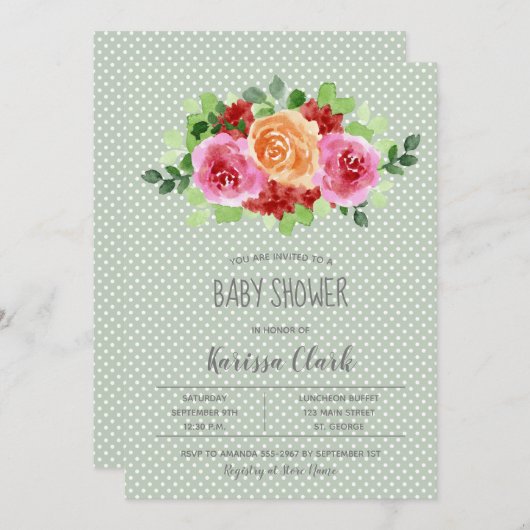 Carte Fleurs sur Sage Green Unisex Baby showers Invitati (Devant / Derrière)