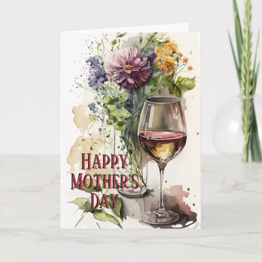 Carte Fleurs & Verre de Vin, Cadeau parfait, Fête des mè (Devant)