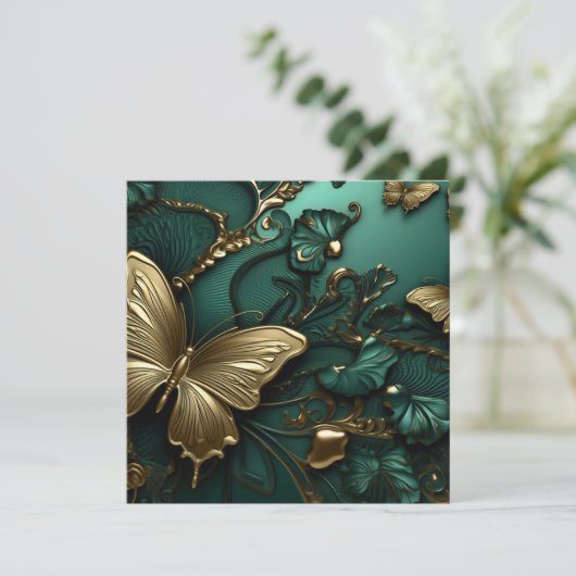 Carte Fleurs vertes profondes et papillons dorés personn (Debout devant)