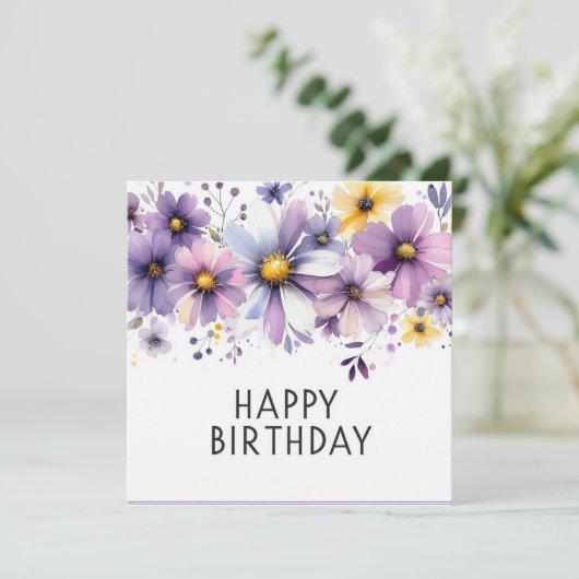 carte fleurs violettes joyeux anniversaire (Debout devant)