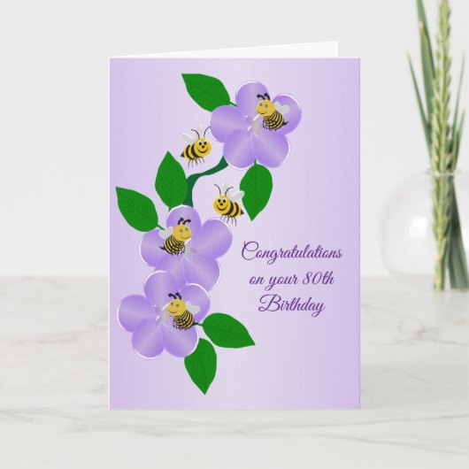 Carte Fleurs violettes Personnalisées 80e anniversaire (Devant)