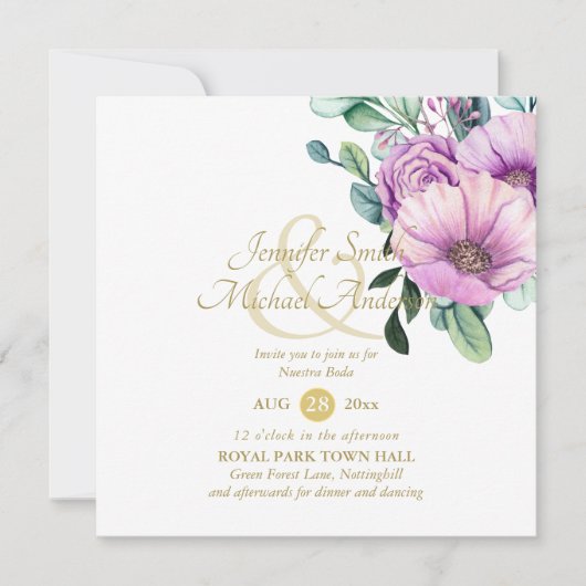 Carte Fleurs violettes rustiques Nuestra Boda Invitacion (Devant)