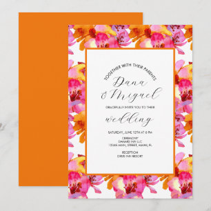 Carte Fleurs vives rose orange aquarelle mariage