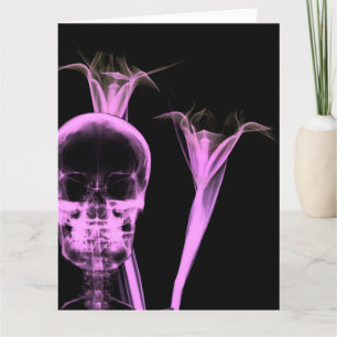 Carte Fleurs X-Ray et crâne - rose