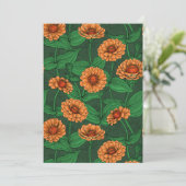 Carte Fleurs Zinnia orange, feuilles verts sur vert fonc (Debout devant)