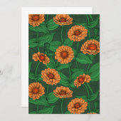 Carte Fleurs Zinnia orange, feuilles verts sur vert fonc (Devant / Derrière)