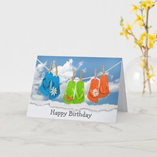 Carte Flips-Flops d'anniversaire sur Clothesline (Fleur jaune)