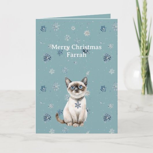 Carte Flocons de neige bleus chic chaton blanc (Devant)
