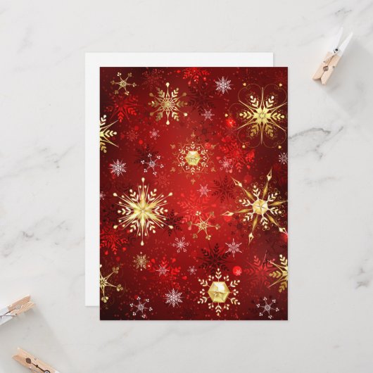 Carte Flocons de neige dorés de Noël sur fond rouge (Devant/Arrière en situation)