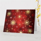 Carte Flocons de neige dorés de Noël sur fond rouge (Fleur jaune)