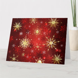 Carte Flocons de neige dorés de Noël sur fond rouge