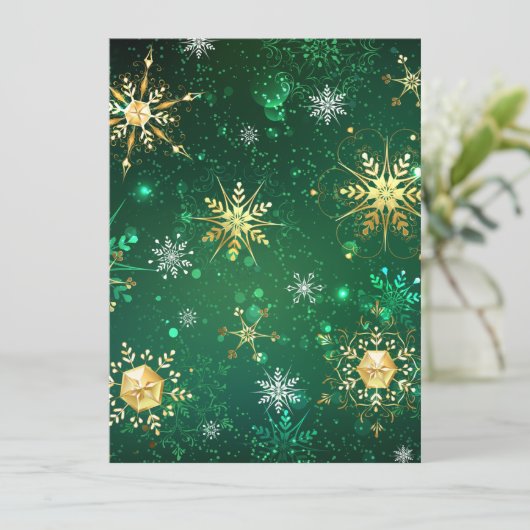 Carte Flocons de neige dorés de Noël sur fond vert (Debout devant)