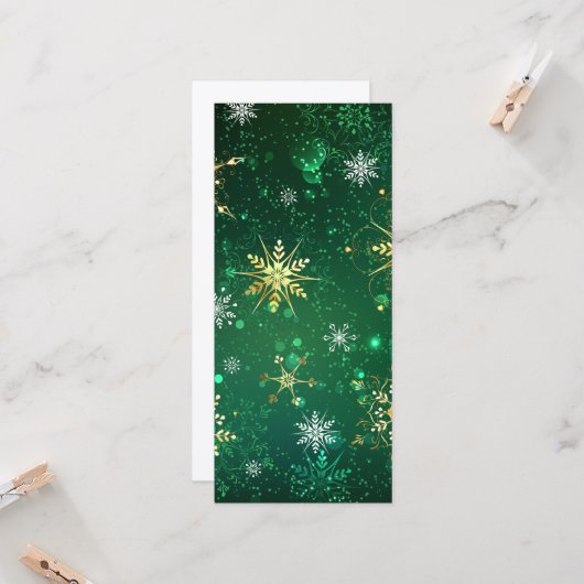 Carte Flocons de neige dorés de Noël sur fond vert (Devant/Arrière en situation)