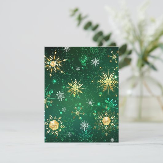Carte Flocons de neige dorés de Noël sur fond vert (Debout devant)