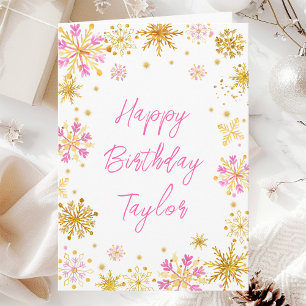 Carte Flocons de neige rose et or Joyeux Anniversaire