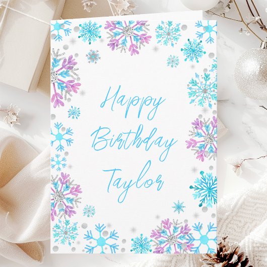 Carte Flocons de neige violets et bleus Joyeux Anniversa