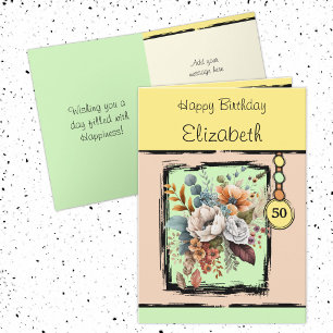 Carte Floral 50e anniversaire personnalisé nom jaune