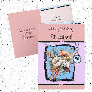 Carte Floral 50e anniversaire personnalisé nom rose
