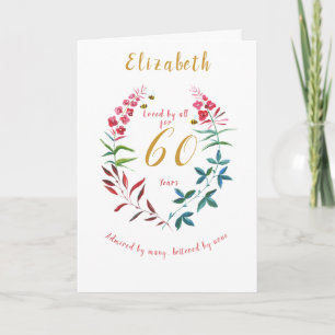 Carte Floral 60e Anniversaire Aquarelle Rouge Bleu fleur