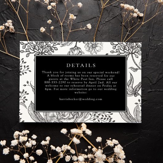 Carte Floral Black Elegant Wedding Details Card