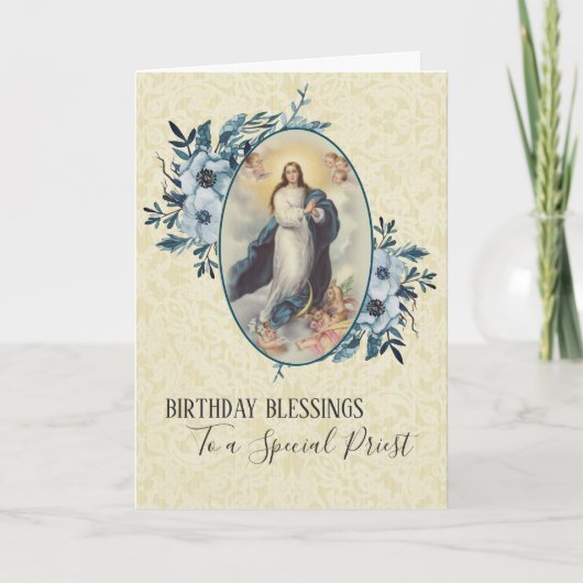 Carte Floral bleu | Anniversaire du prêtre | Vierge Mari (Devant)
