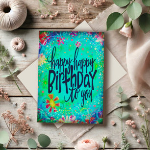 Carte Floral Bleu Joyeux Anniversaire Fun Colorful