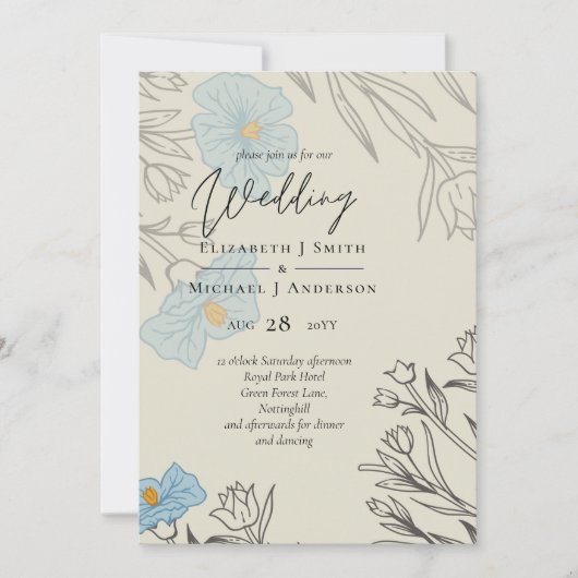 Carte Floral bleu moderne Mariage Abstrait (Devant)