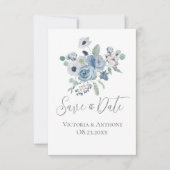 Carte Floral Blue Script Mariage moderne Enregistrer la (Devant)