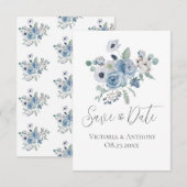 Carte Floral Blue Script Mariage moderne Enregistrer la (Devant / Derrière)